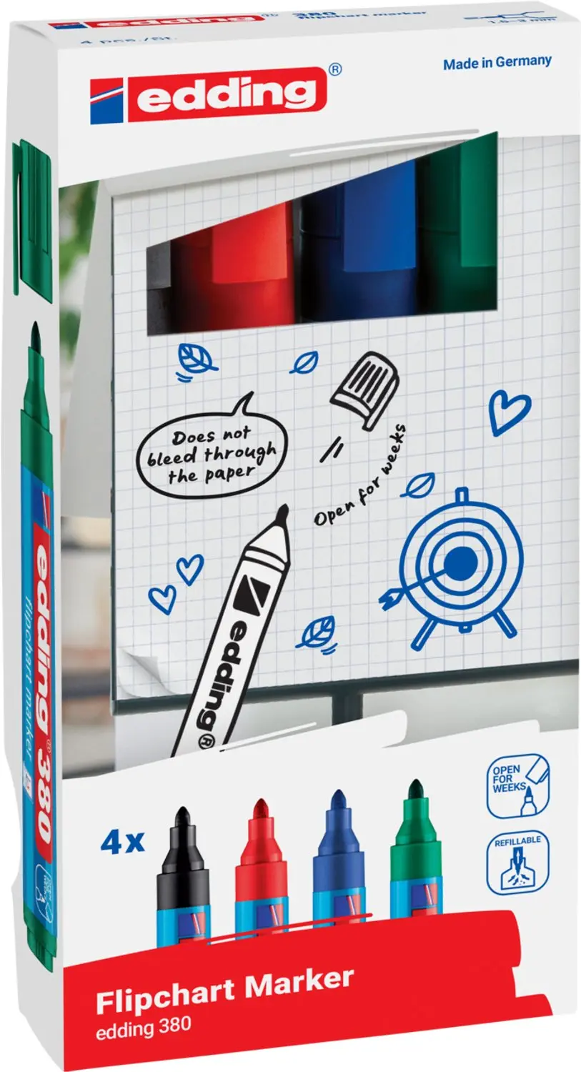 edding 380 Marker Set - 4 Stuks - Zwart/Rood/Blauw/Groen - afbeelding 5 van 6