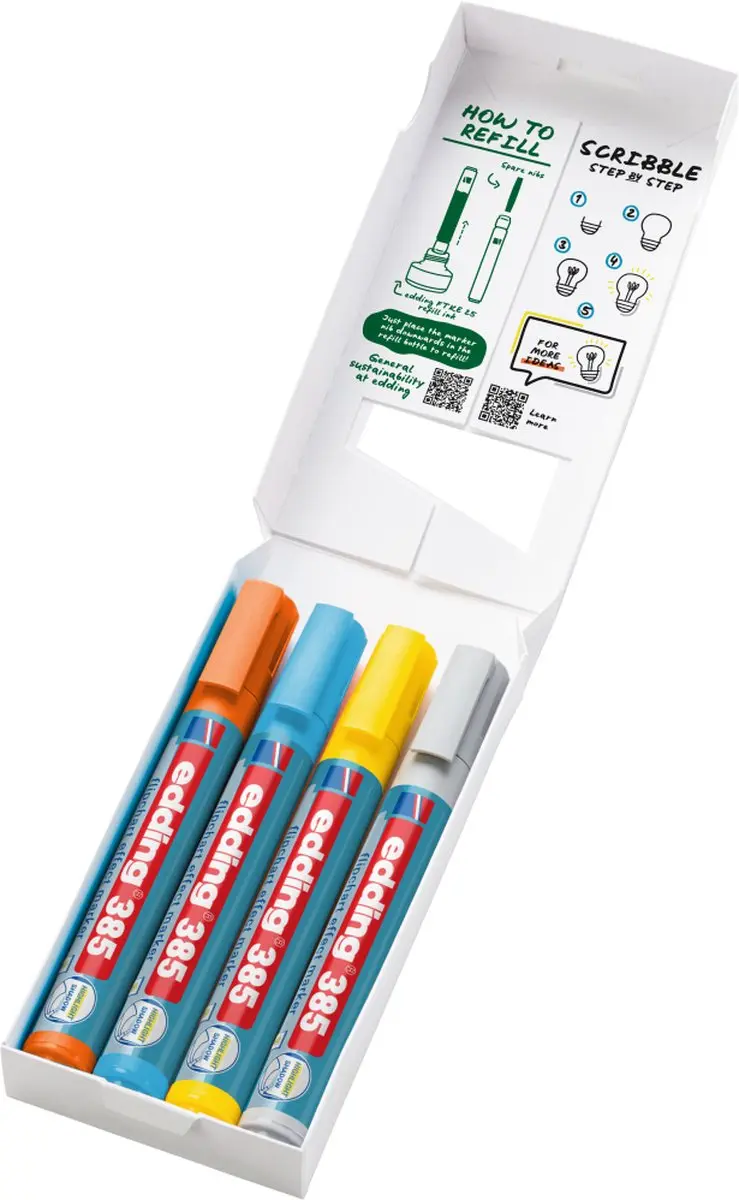 edding 385 Flexibele Markeerstift - 4 Stuks - Geel/Grijs/Lichtblauw/Orange - afbeelding 6 van 6