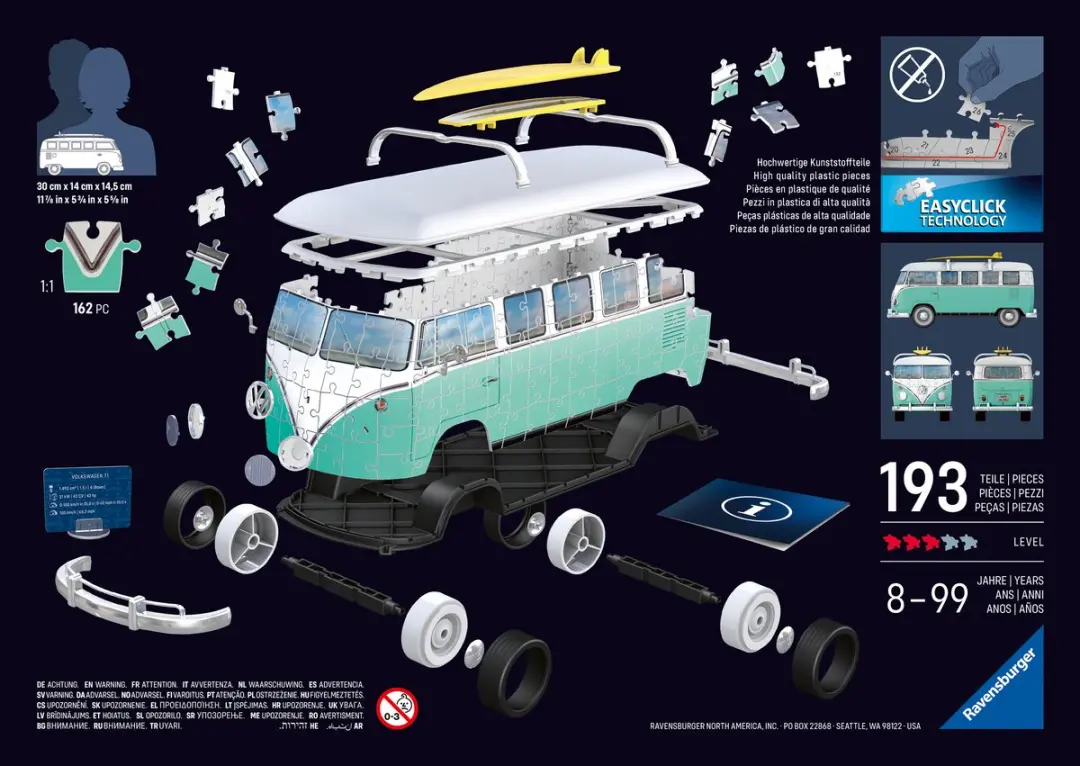 Ravensburger Iconics Volkswagen T1 Chrome Edition 3D Puzzle - 174 Stukjes - afbeelding 4 van 6