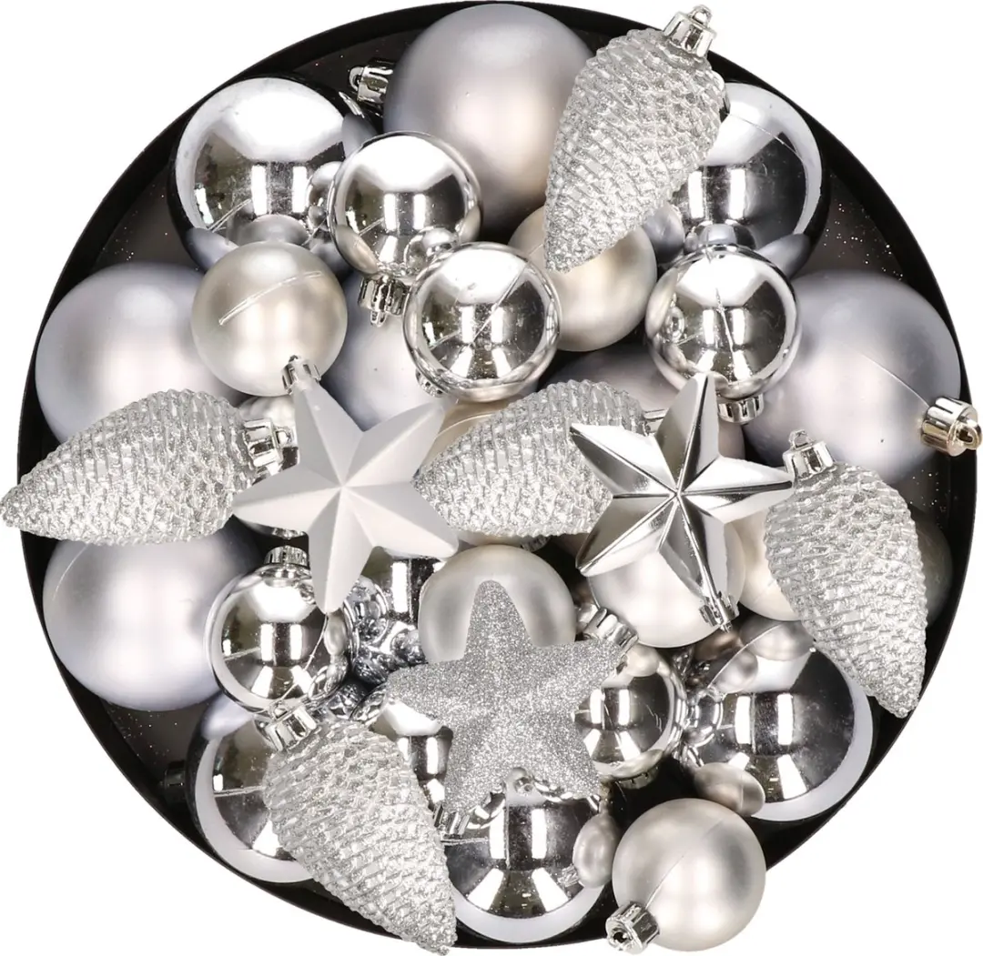 Kerstversiering kunststof kerstballen/hangers zilver 6-8-10 cm pakket van 68x st