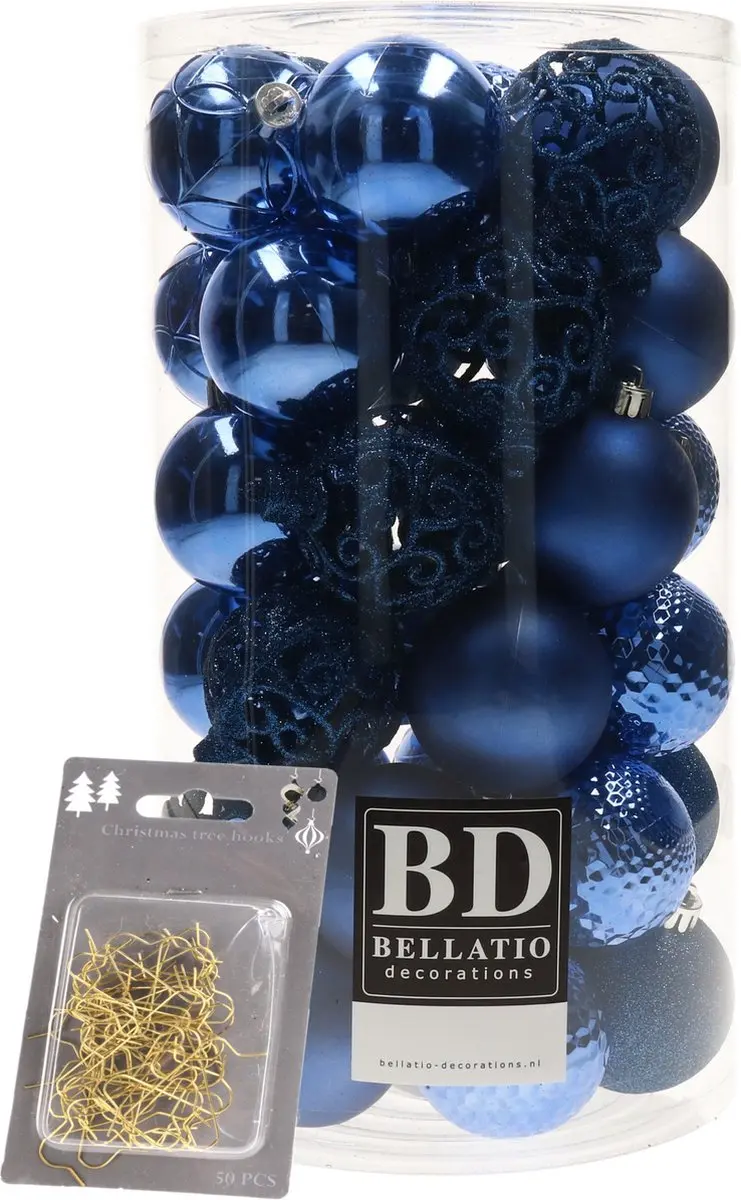 37x stuks kunststof kerstballen kobalt blauw 6 cm inclusief gouden kerstboomhaak