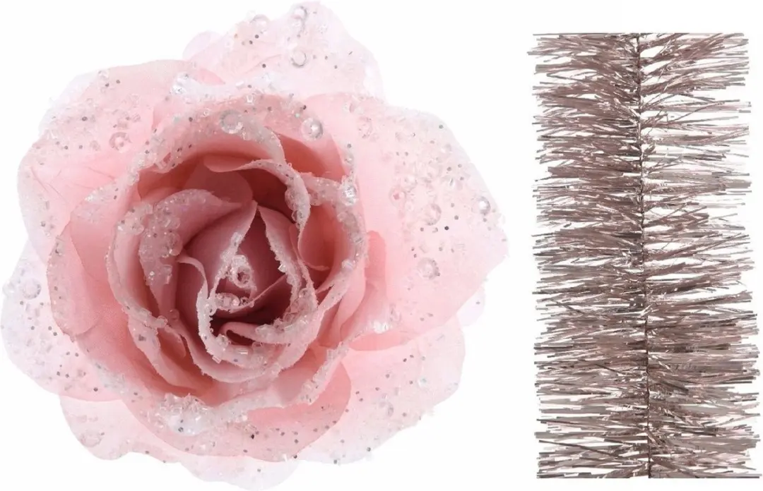 Kerstversiering kunststof glitter bloemen op clip 14 cm en folieslingers pakket lichtroze van 5x stuks - Kerstboomversiering