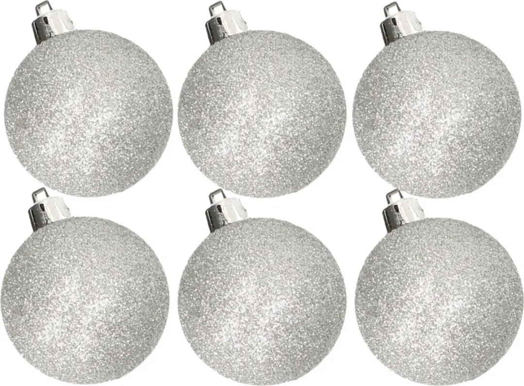 6x stuks kunststof glitter kerstballen zilver 6 cm