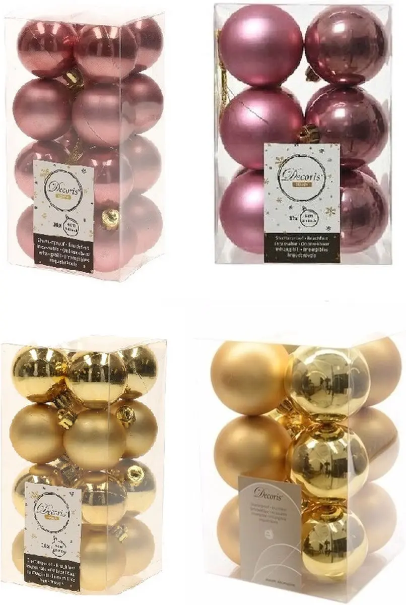 Kerstversiering kunststof kerstballen kleuren mix goud/ oud roze 4 en 6 cm pakke