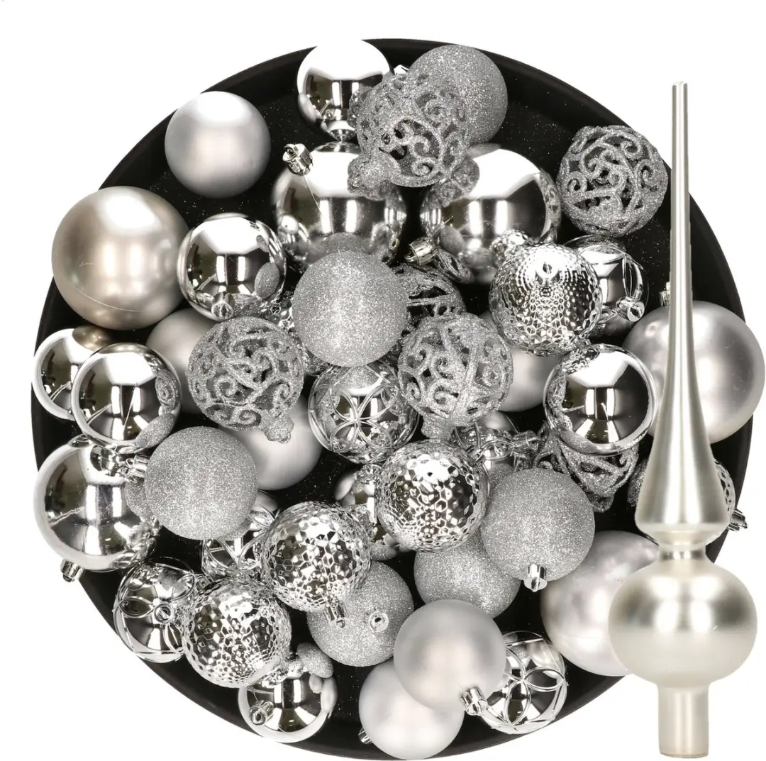 Decoris Kerstballen set kunststof zilver 6-8-10 cm 39 stuks