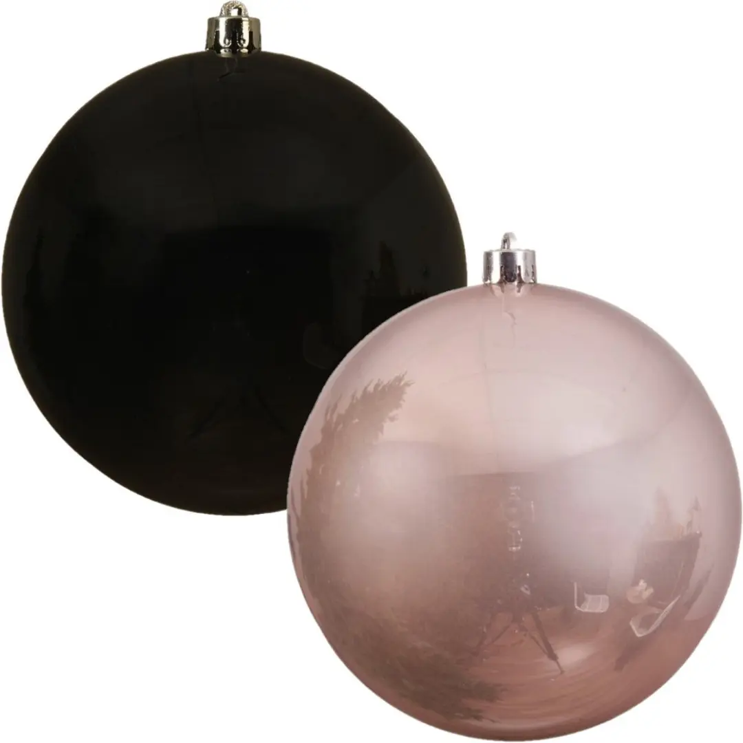 Kerstversieringen set van 6x grote kunststof kerstballen zwart en lichtroze 14 c