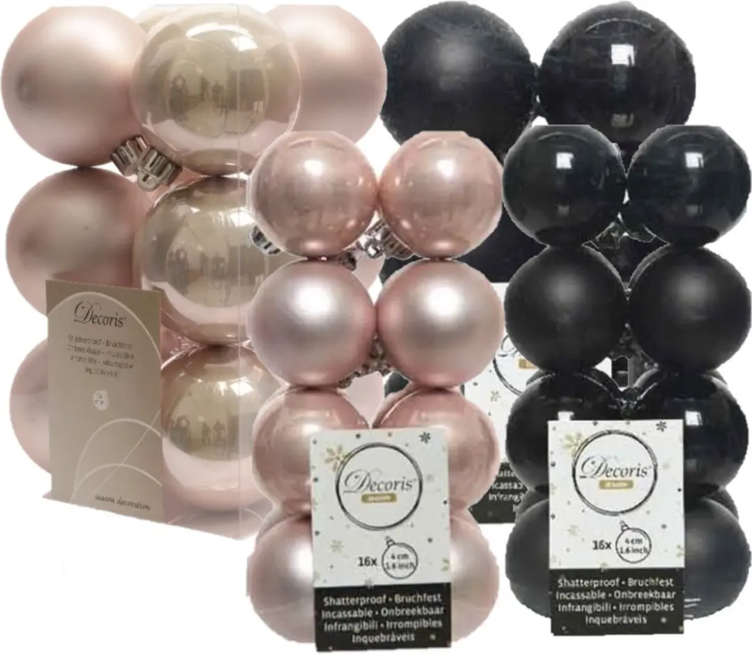 56x stuks kunststof kerstballen zwart en lichtroze 4 en 6 cm