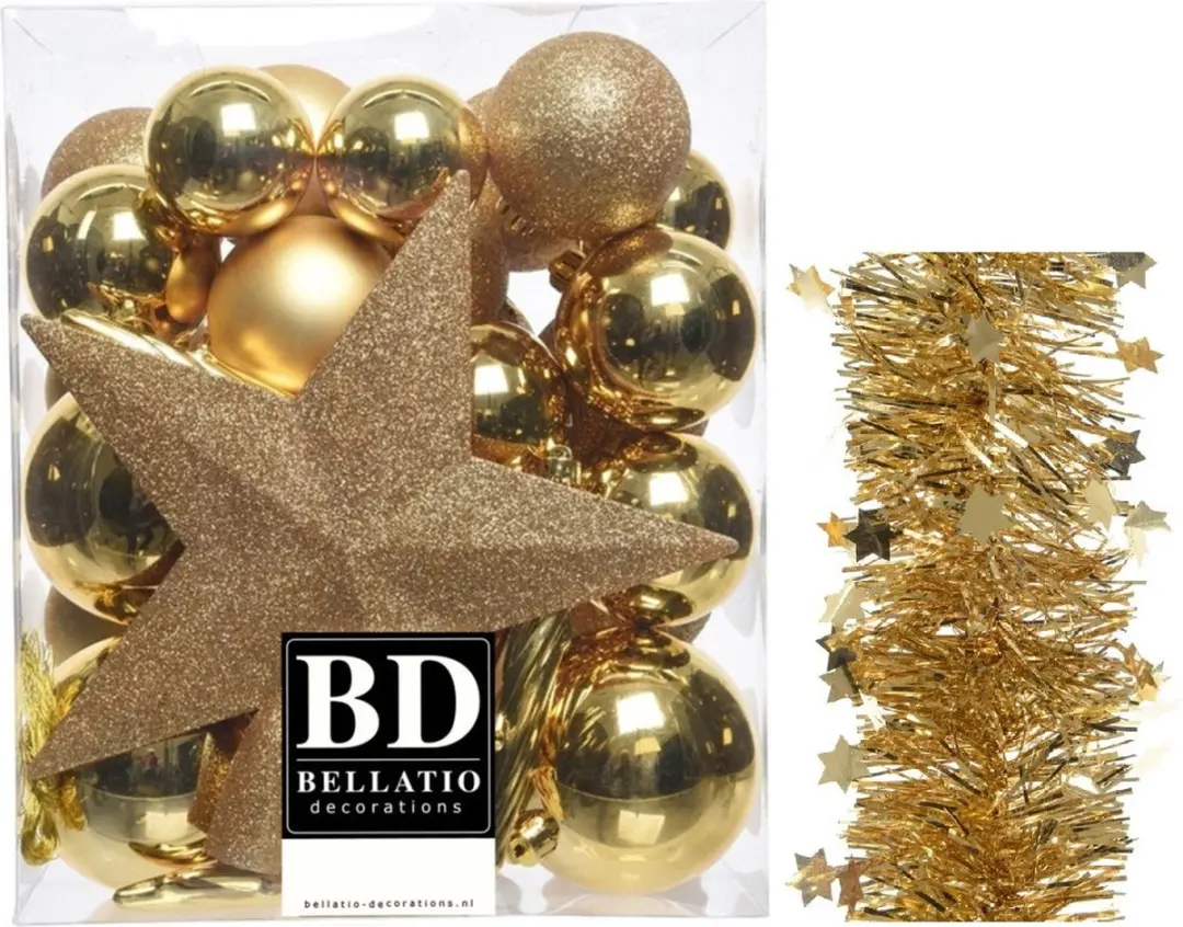 Kerstversiering kunststof kerstballen 5-6-8 cm met ster piek en sterren slingers