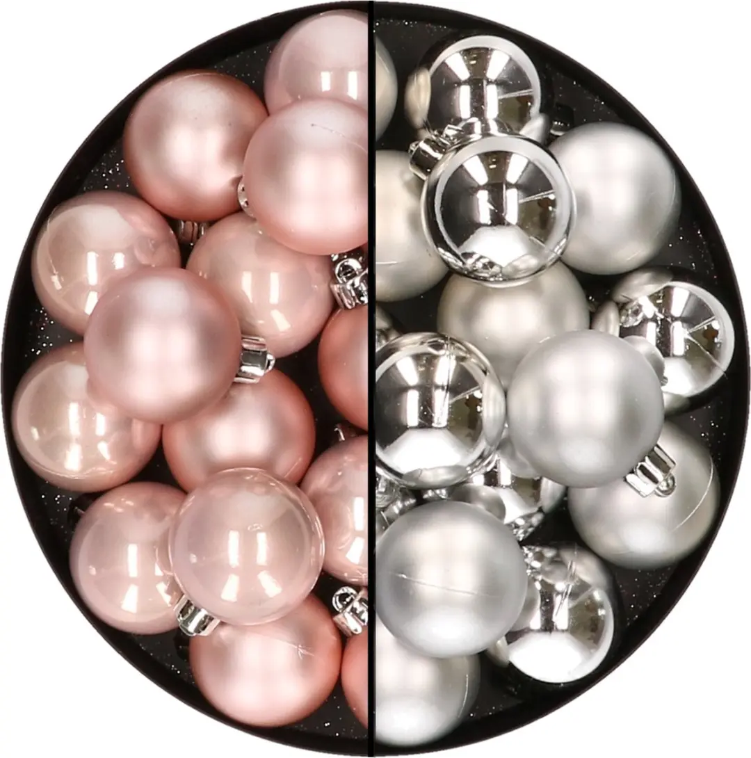 32x stuks kunststof kerstballen mix van lichtroze en zilver 4 cm