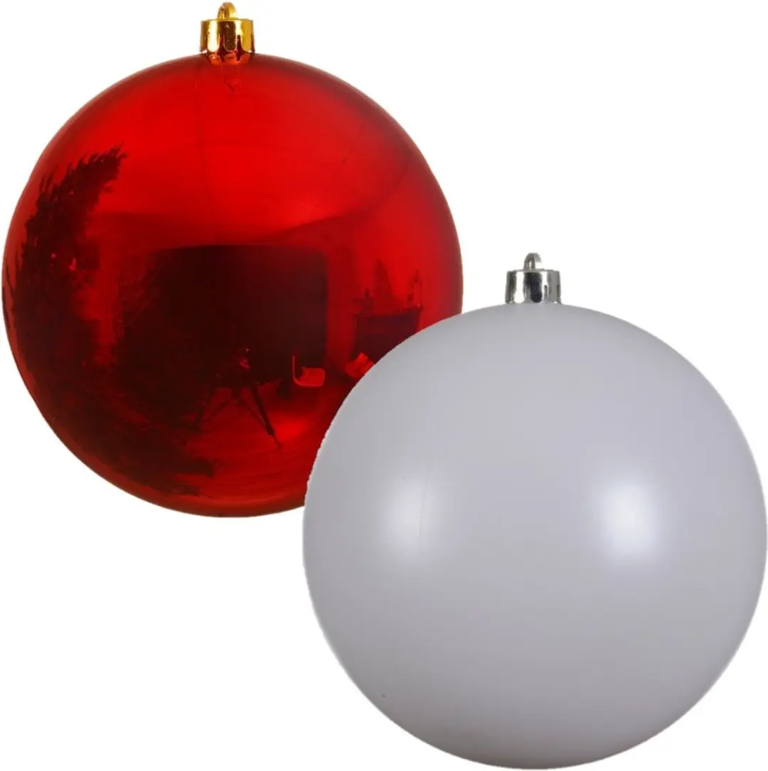 2x stuks grote kerstballen van 20 cm glans van kunststof wit en rood