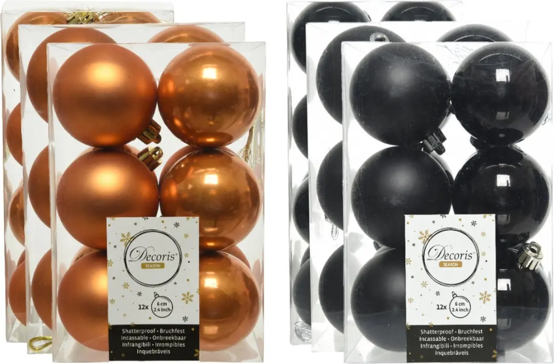 Kerstversiering kunststof kerstballen kleuren mix zwart/cognac bruin 4-6-8 cm pa