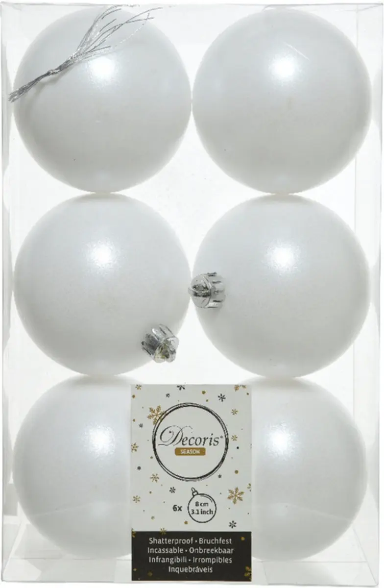 6x Winter witte kunststof kerstballen 8 cm