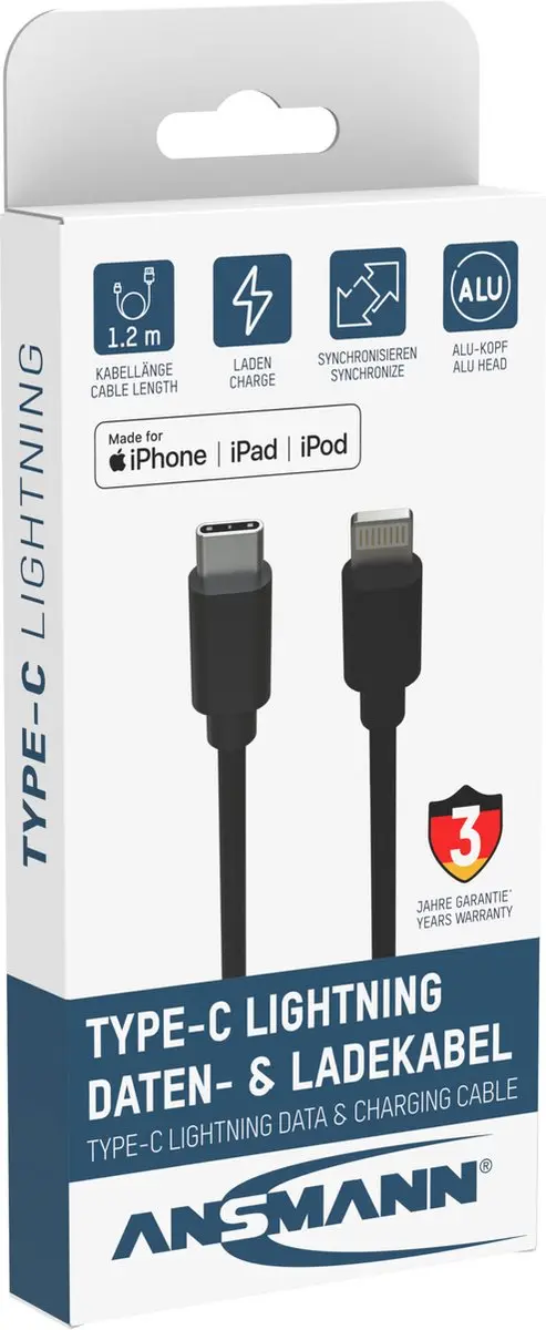 Ansmann USB-C Lightning Kabel 120cm - Zwart - afbeelding 5 van 6
