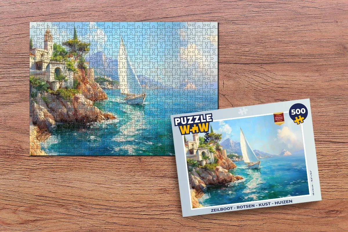 PuzzleWow Zeilboot Legpuzzel 500 Stuks - Rotsen & Huizen