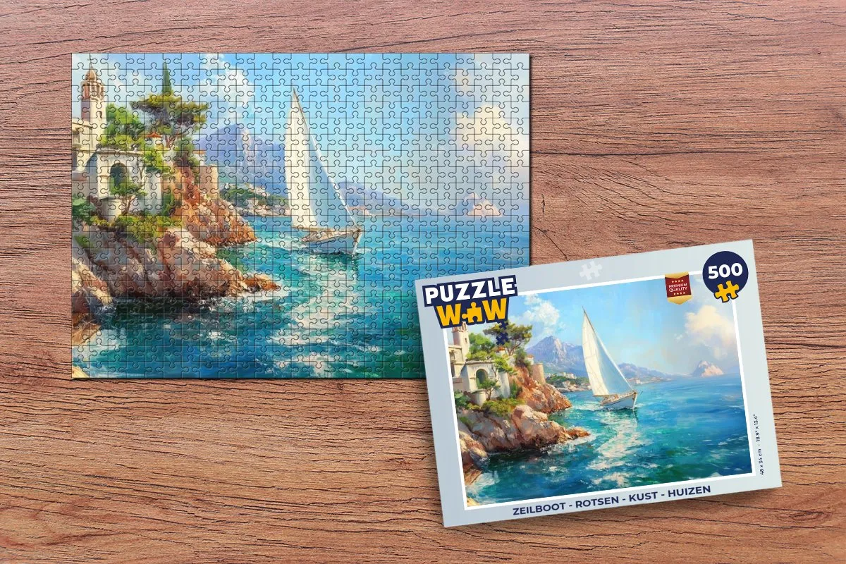 PuzzleWow Zeilboot Legpuzzel 500 Stuks - Rotsen & Huizen