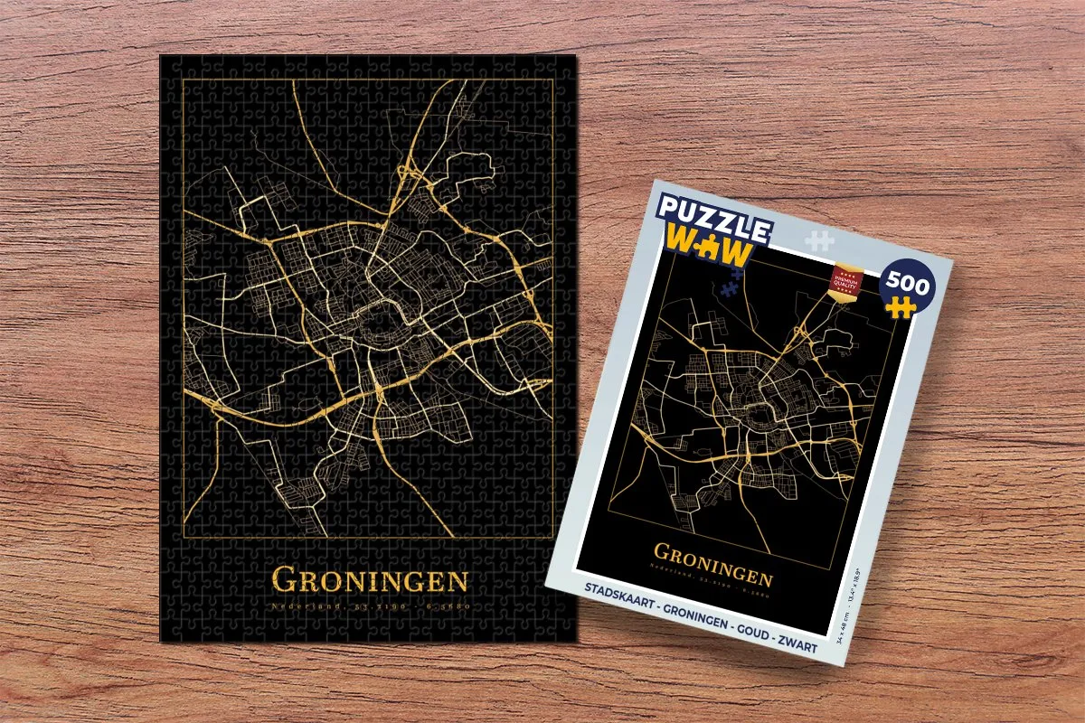 PuzzleWow Stadskaart Groningen Legpuzzel 500 Stuks - Goud/Zwart