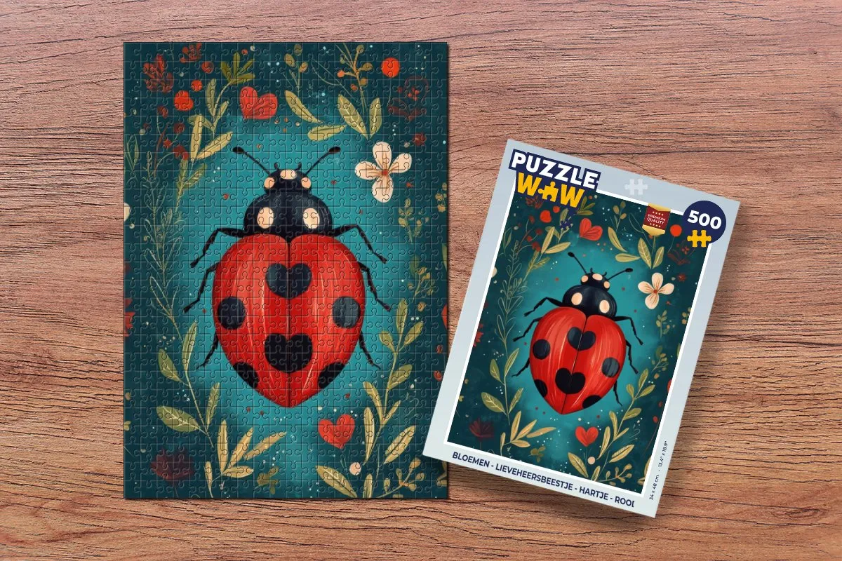 PuzzleWow Legpuzzel Bloemen Lieveheersbeestje - 500 Stuks - Rood