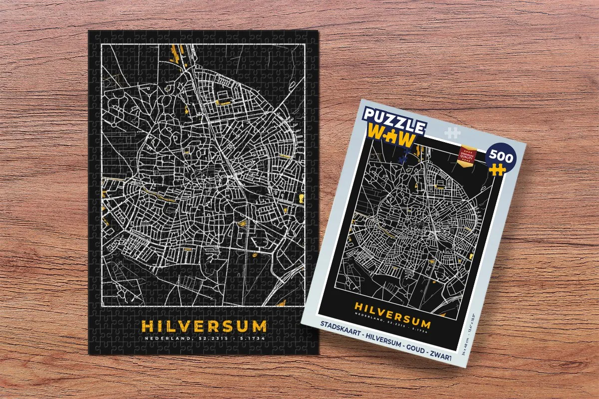 PuzzleWow Stadskaart Hilversum Legpuzzel 500 Stuks - Goud/Zwart
