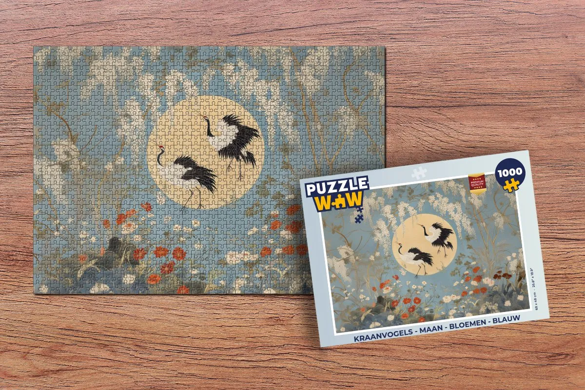PuzzleWow Kraanvogels Maan Bloemen Legpuzzel 1000 Stuks - Blauw