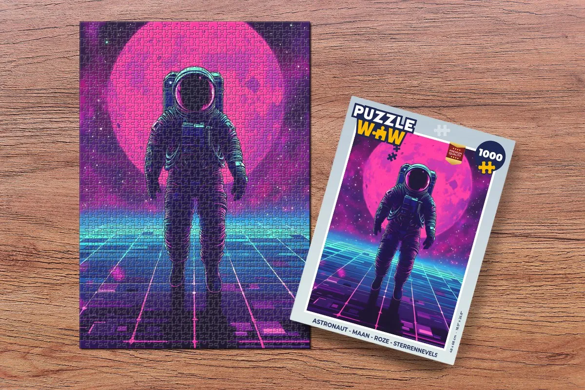 PuzzleWow Astronaut Maan Legpuzzel 1000 Stuks - Roze Sterrennevels