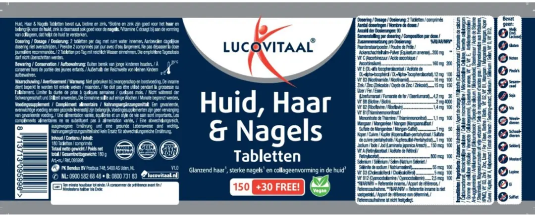 Lucovitaal Huid Haar Nagels Biotine 180 Tabletten - afbeelding 3 van 3