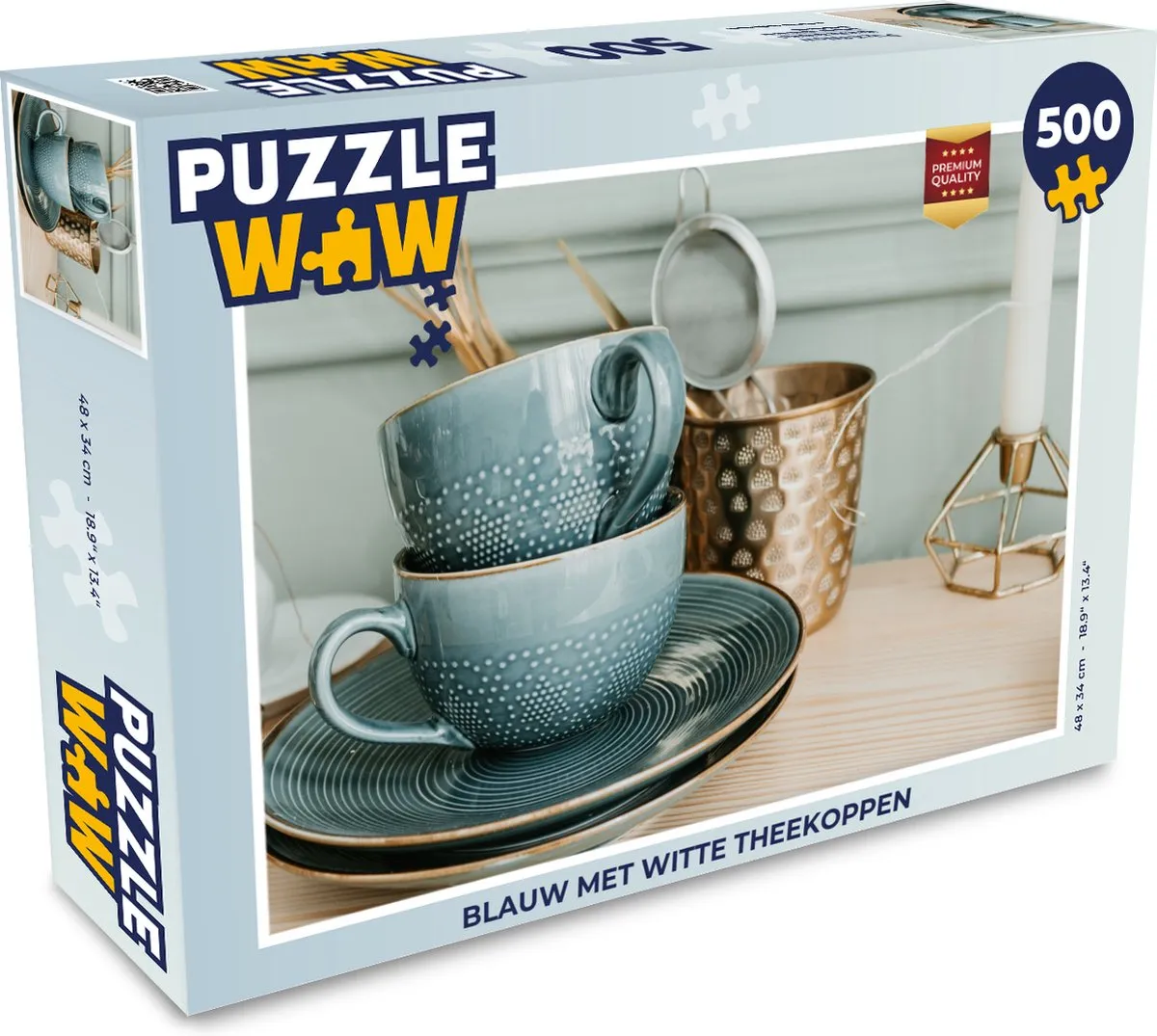 PuzzleWow Legpuzzel Blauw met witte theekoppen 500 Stuks