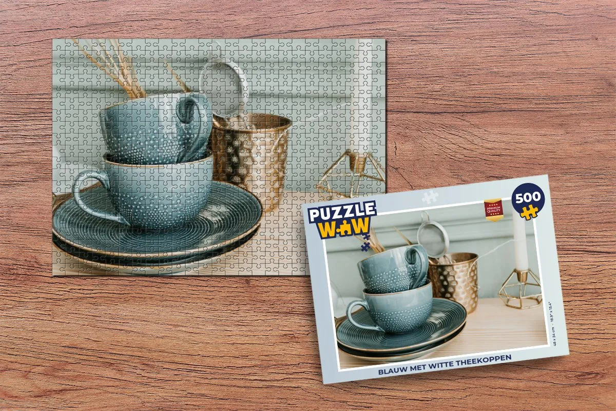 PuzzleWow Legpuzzel Blauw met witte theekoppen 500 Stuks