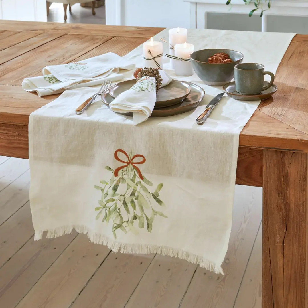 Loberon Tafelloper Mistletoe - Wit/Groen - afbeelding 2 van 5