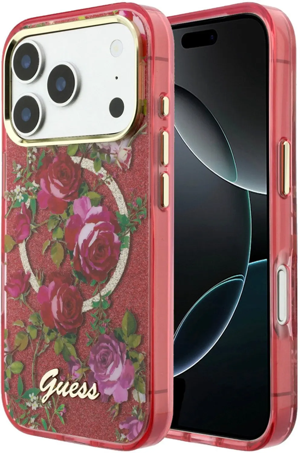 Guess IML Glitter Blossom Roses MagSafe iPhone 18 Pro