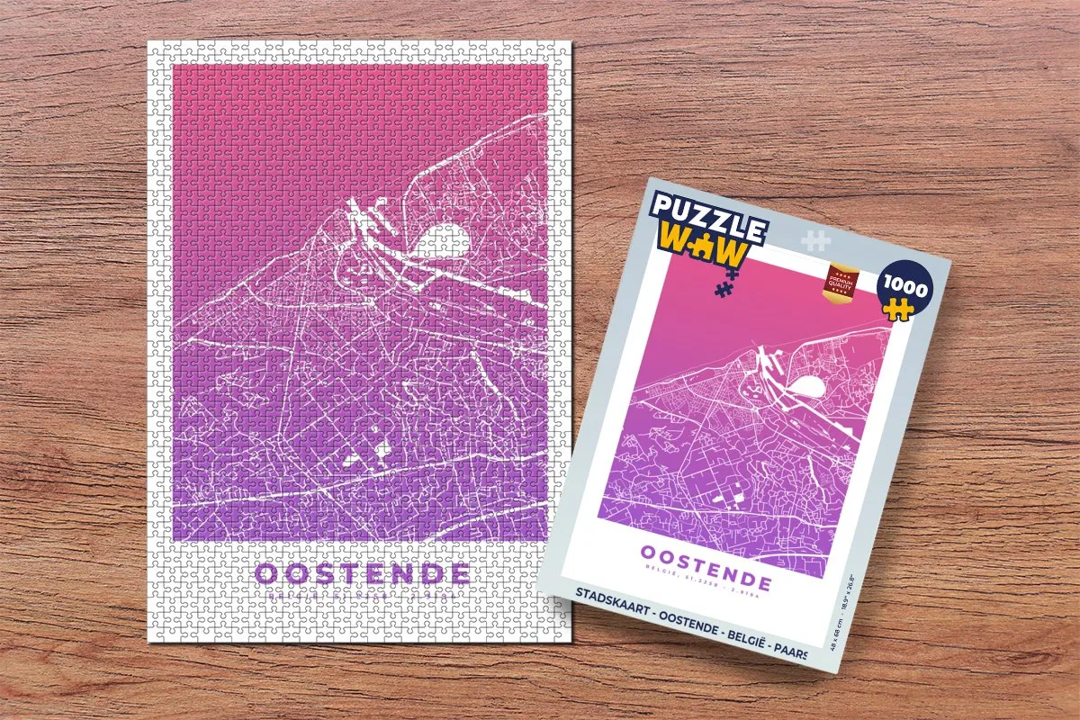 PuzzleWow Stadskaart Oostende België Legpuzzel 1000 Stuks - Paars