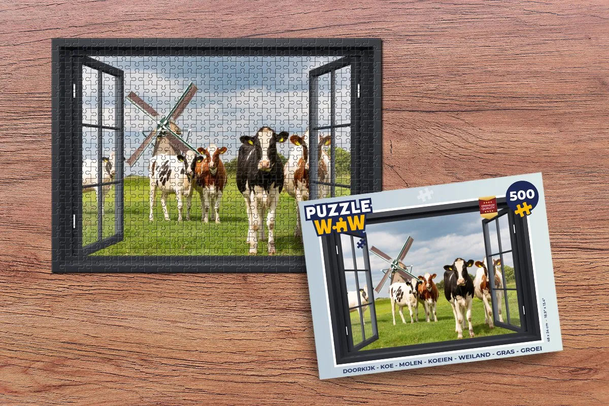 PuzzleWow Doorkijk Koe Molen Weiland Legpuzzel 500 Stuks - Multicolor