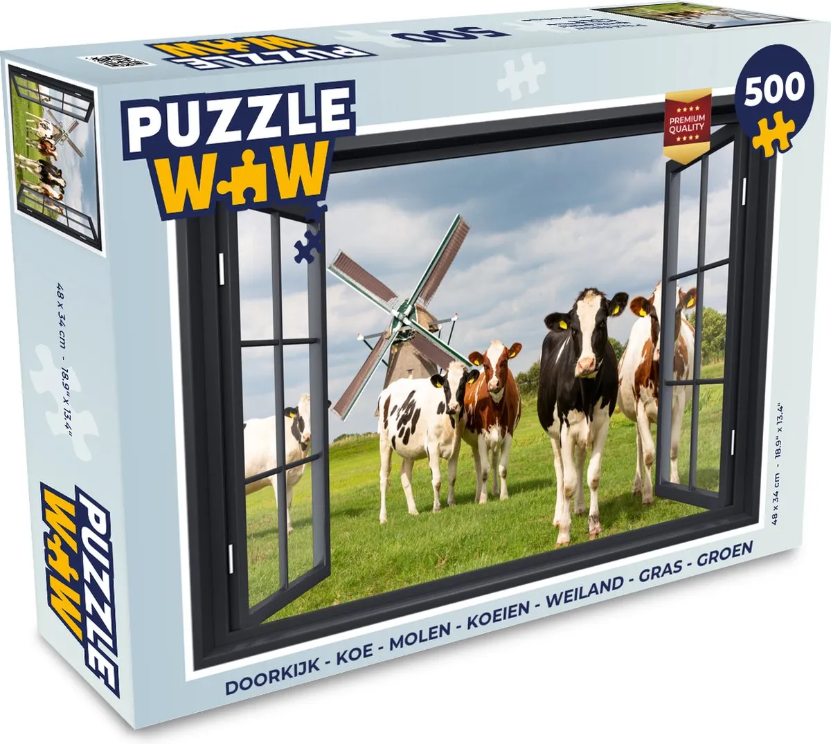 PuzzleWow Doorkijk Koe Molen Weiland Legpuzzel 500 Stuks