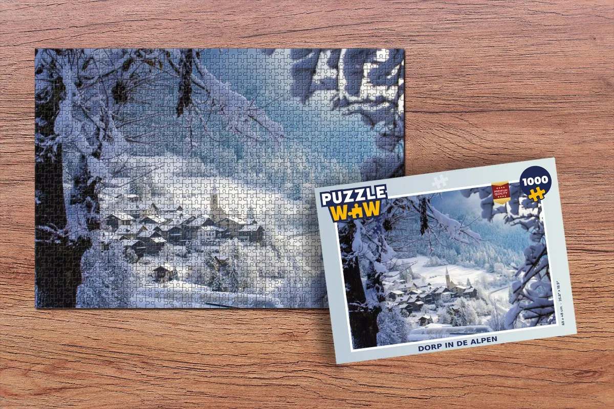 PuzzleWow Alpen Sneeuw Dorp Legpuzzel 1000 Stuks - Multicolor