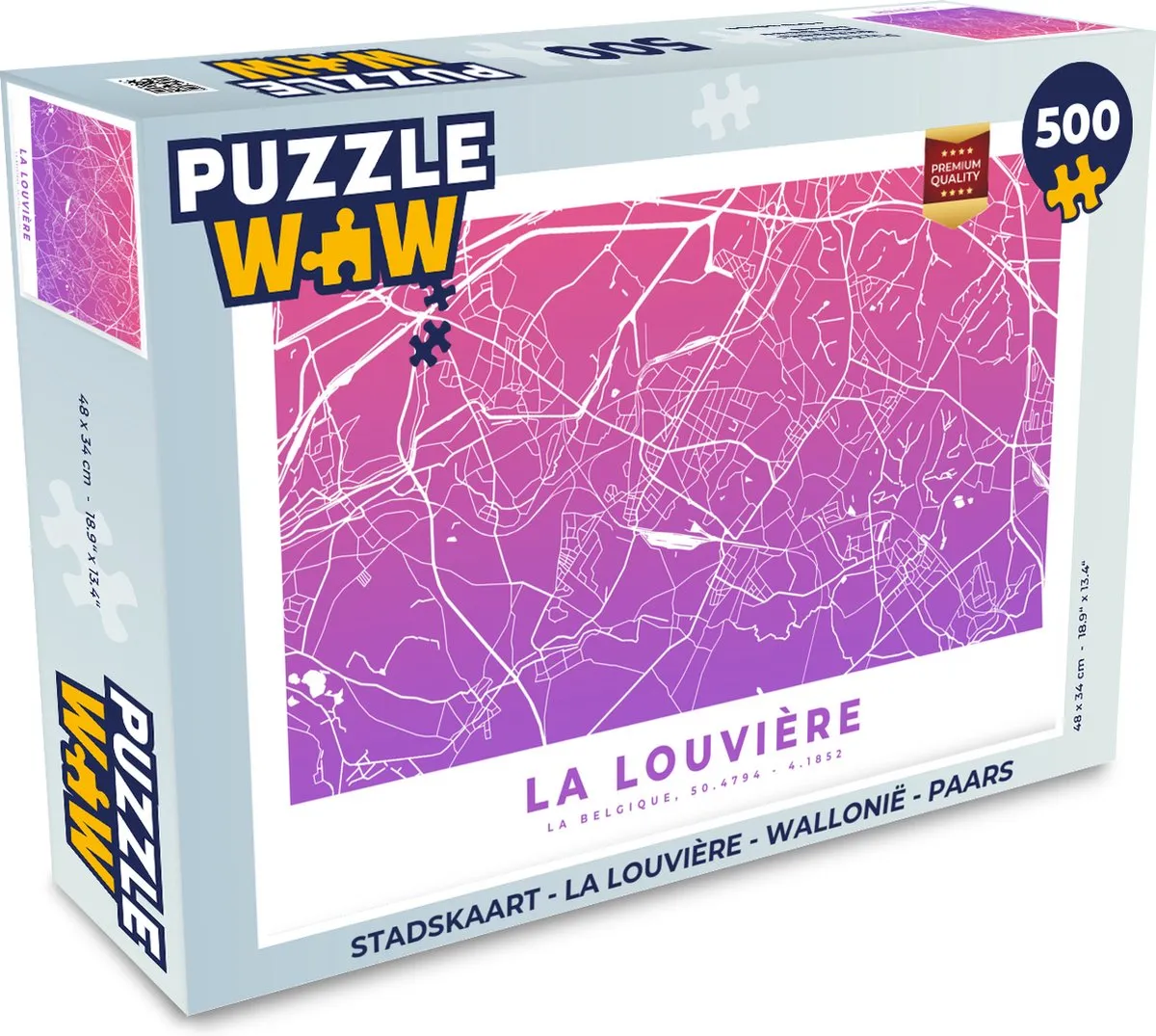 PuzzleWow Stadskaart La Louvière - Paars Legpuzzel 500 Stuks