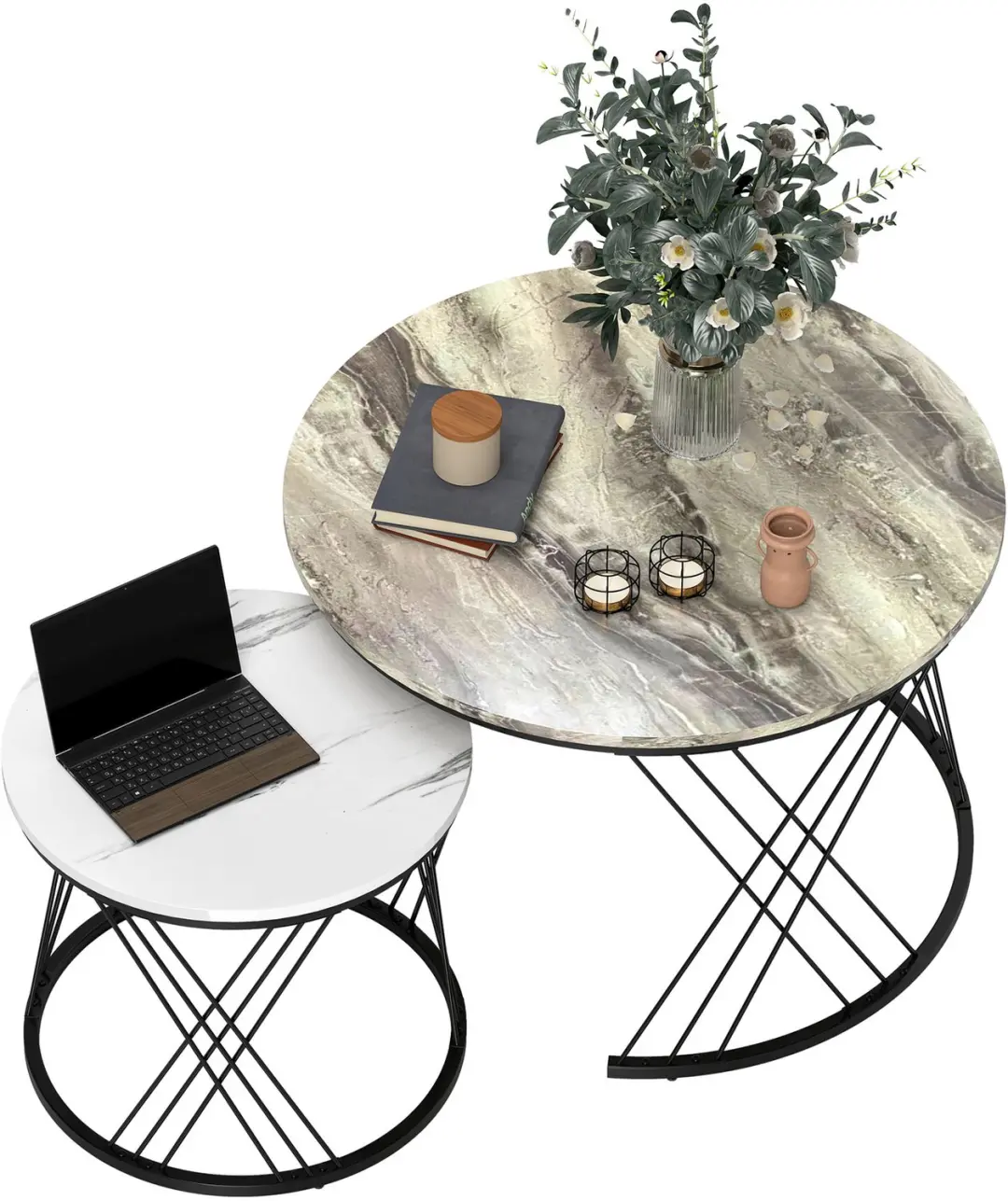 HOMCOM Coffee Table Set-Spanplatte, Metall-70 x 70 x 46.5 cm-Grau+Weiß