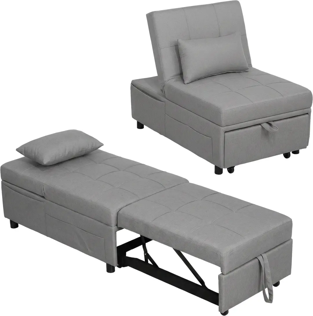 HOMCOM Chair Bed-Leinenoptik (100 % Polyester)-65,5 x 104 x 81 cm-Hellgrau