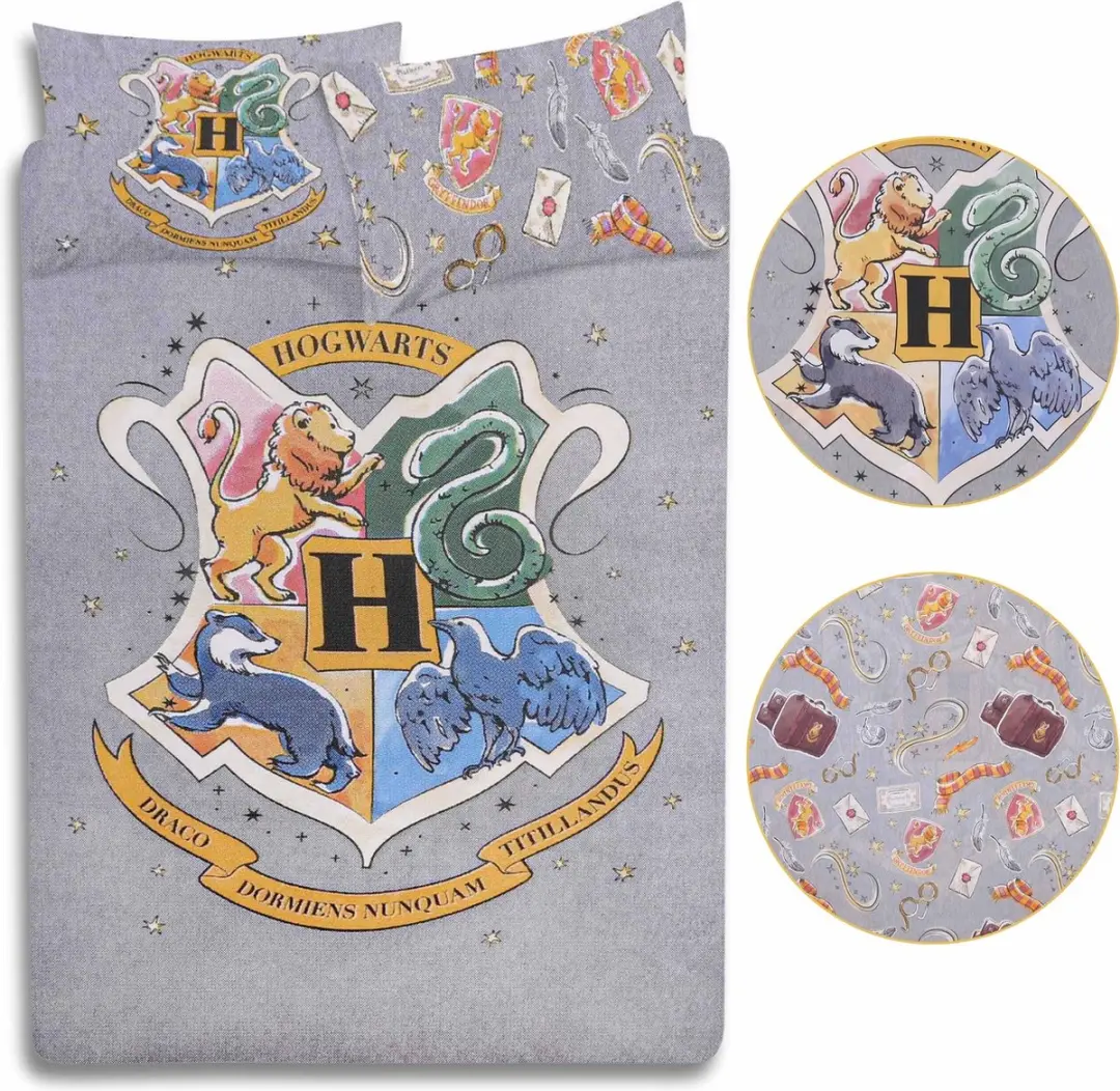 Harry Potter Hogwarts Grijs beddengoed 230x220cm, omkeerbaar, tweepersoonsbed, O