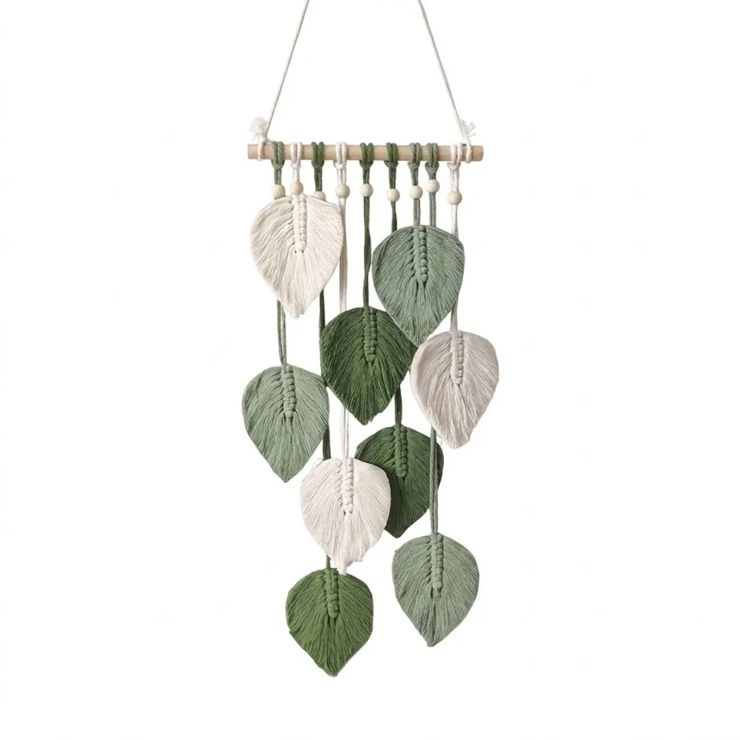 Groen wit bladeren wandkleden unisex handgeweven hangdecoratie met koorden en kr