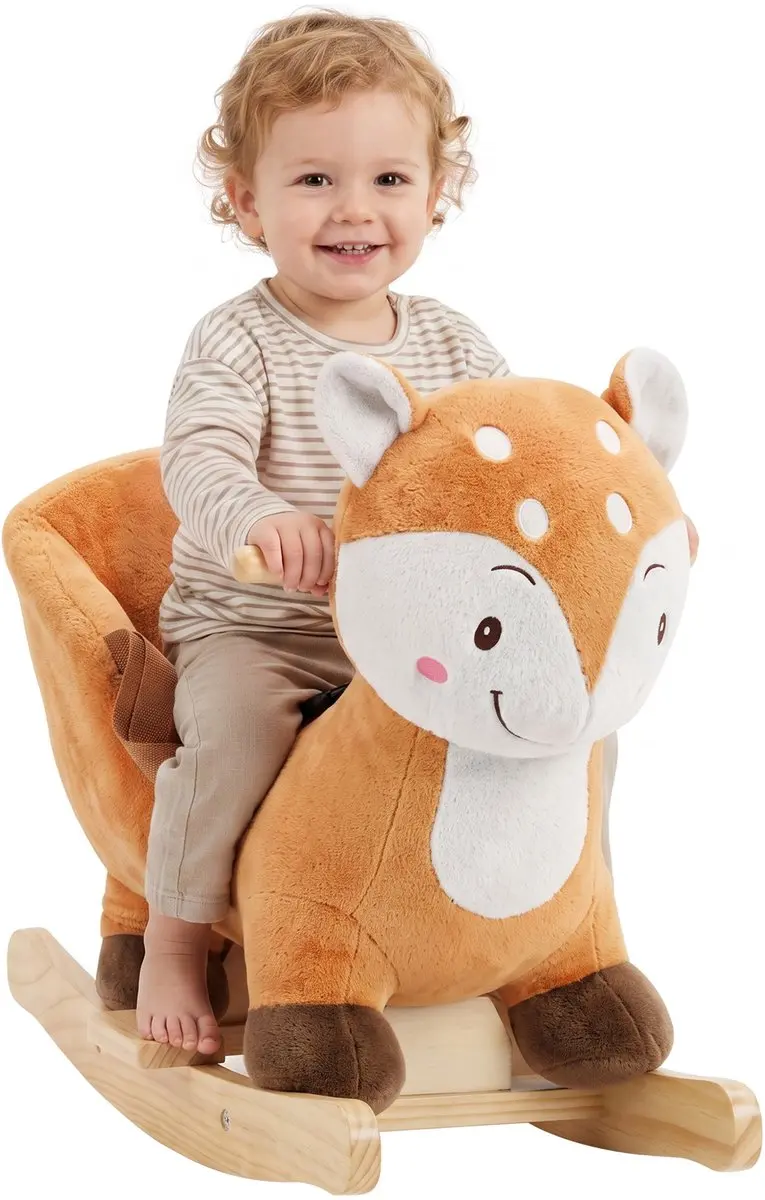 AIYAPLAY Kinder hobbelpaard-Hout, pluche, PP-katoen-60L x 32B x 49H cm-Bruin