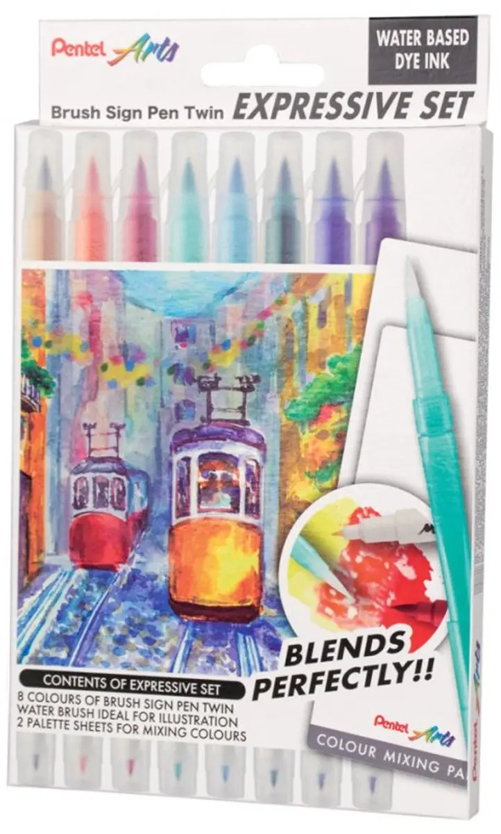 Pentel Brush Sign Pen Twin Landscape set, 8 kleuren, watertankpenseel