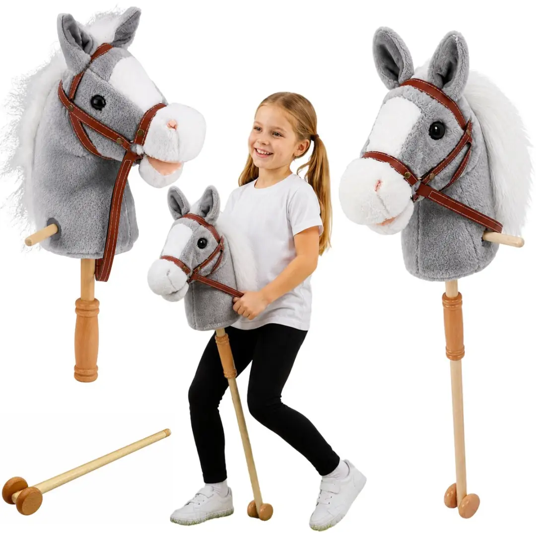 Hobbypaard Paard op een stok Paardenhoofd Galopperend hinnikgeluiden Grijs 100 C