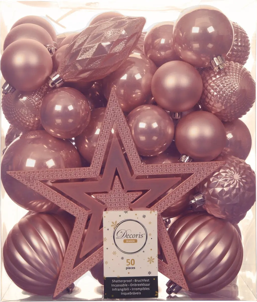 Kerstballen 66x stuks met ster piek - lichtroze - kunststof 4, 5, 6, 8, 10 cm