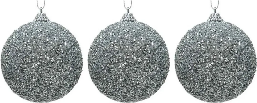 3x Zilveren glitter/kralen kerstballen 8 cm kunststof