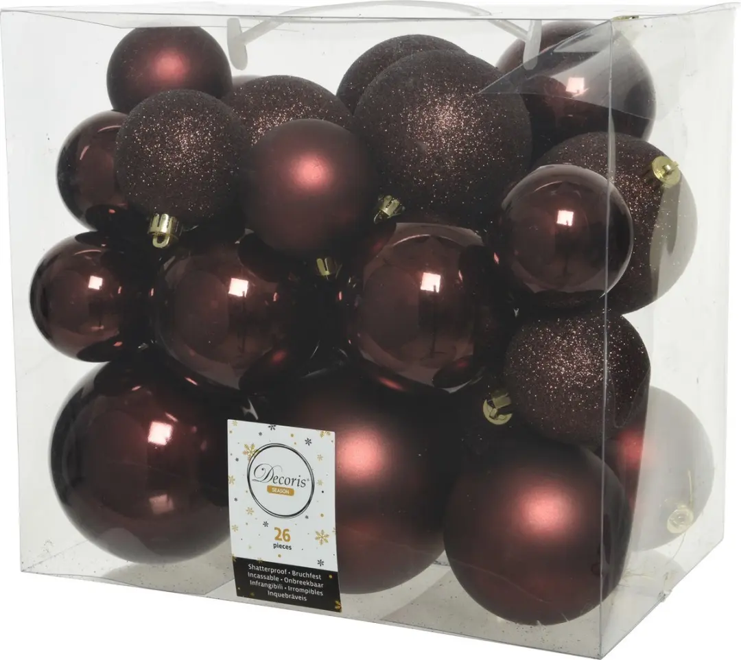 52x stuks kunststof kerstballen mahonie bruin 6-8-10 cm