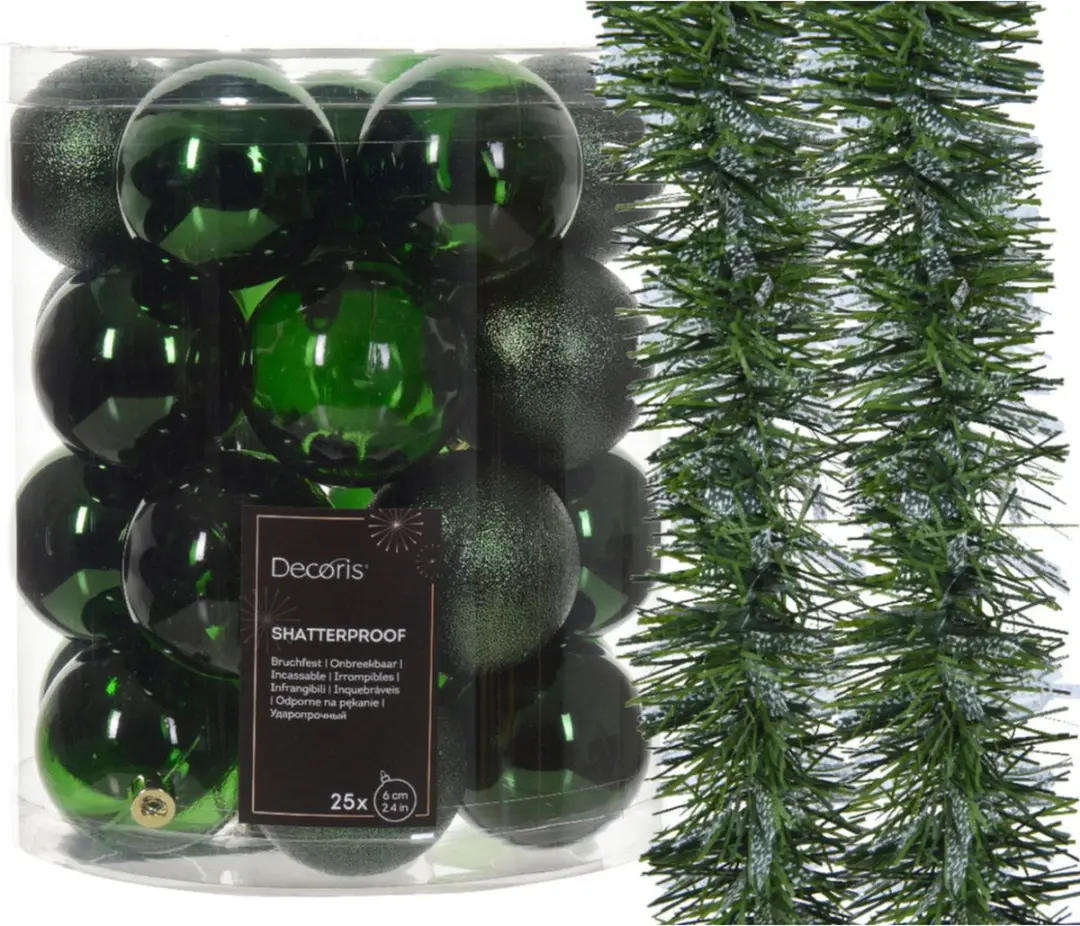 Kerstversiering kunststof kerstballen 25x -6cm- met 2x kerstslingers -donkergroe