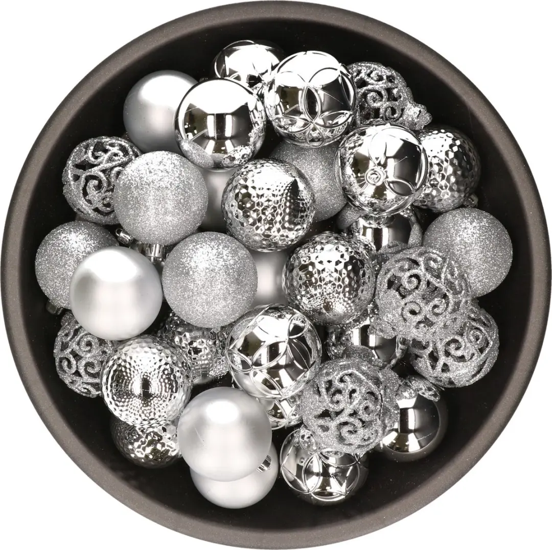 37x stuks kunststof kerstballen zilver mix 6 cm