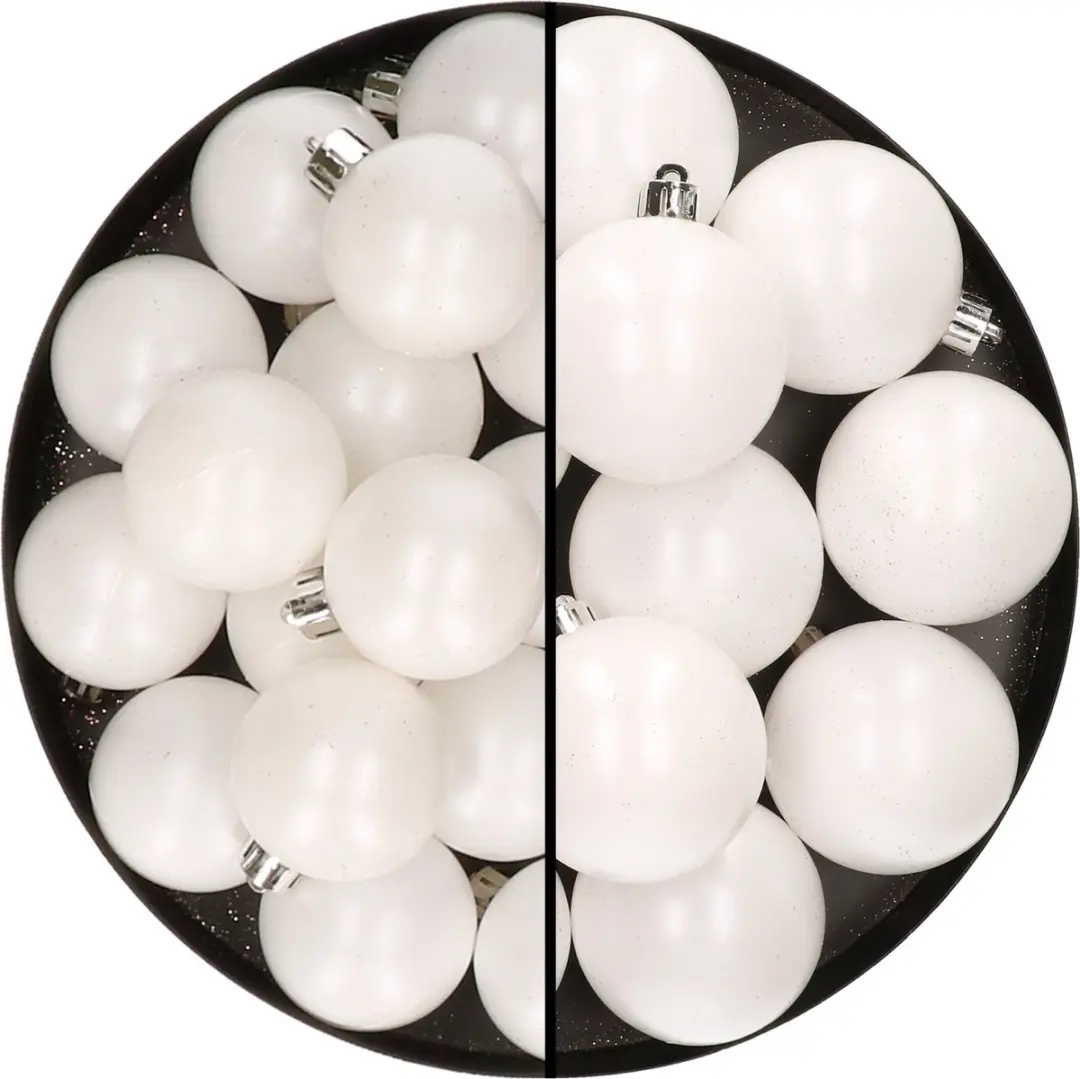 28x stuks kunststof kerstballen wit 4 en 6 cm
