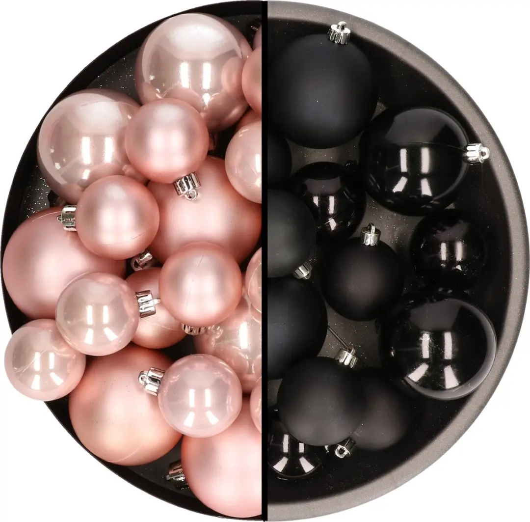 Kerstversiering kunststof kerstballen kleuren mix zwart/lichtroze 6-8-10 cm pakk