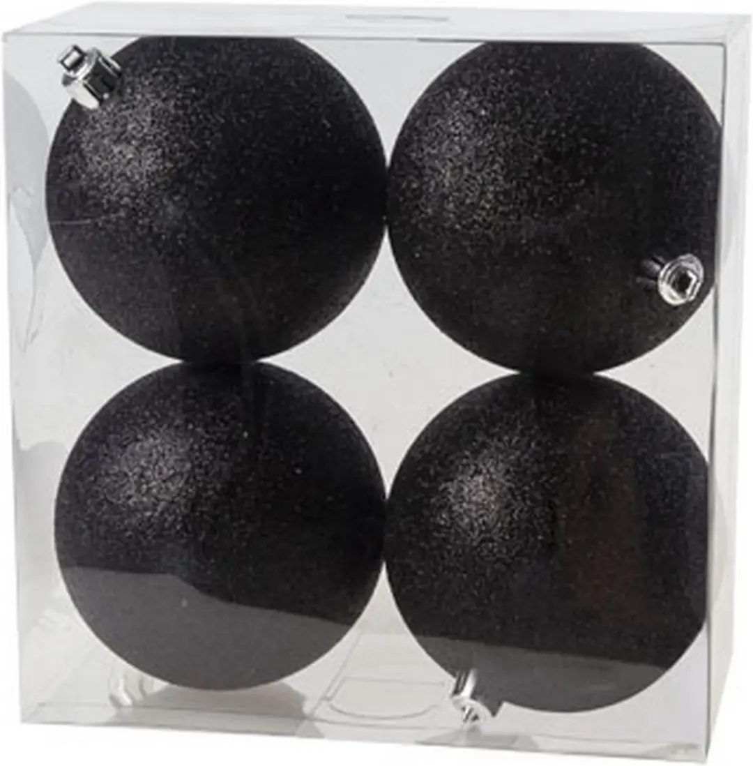 Cosy @Home Kerstballen Zwart glitter ø 10 cm - 4 Stuks