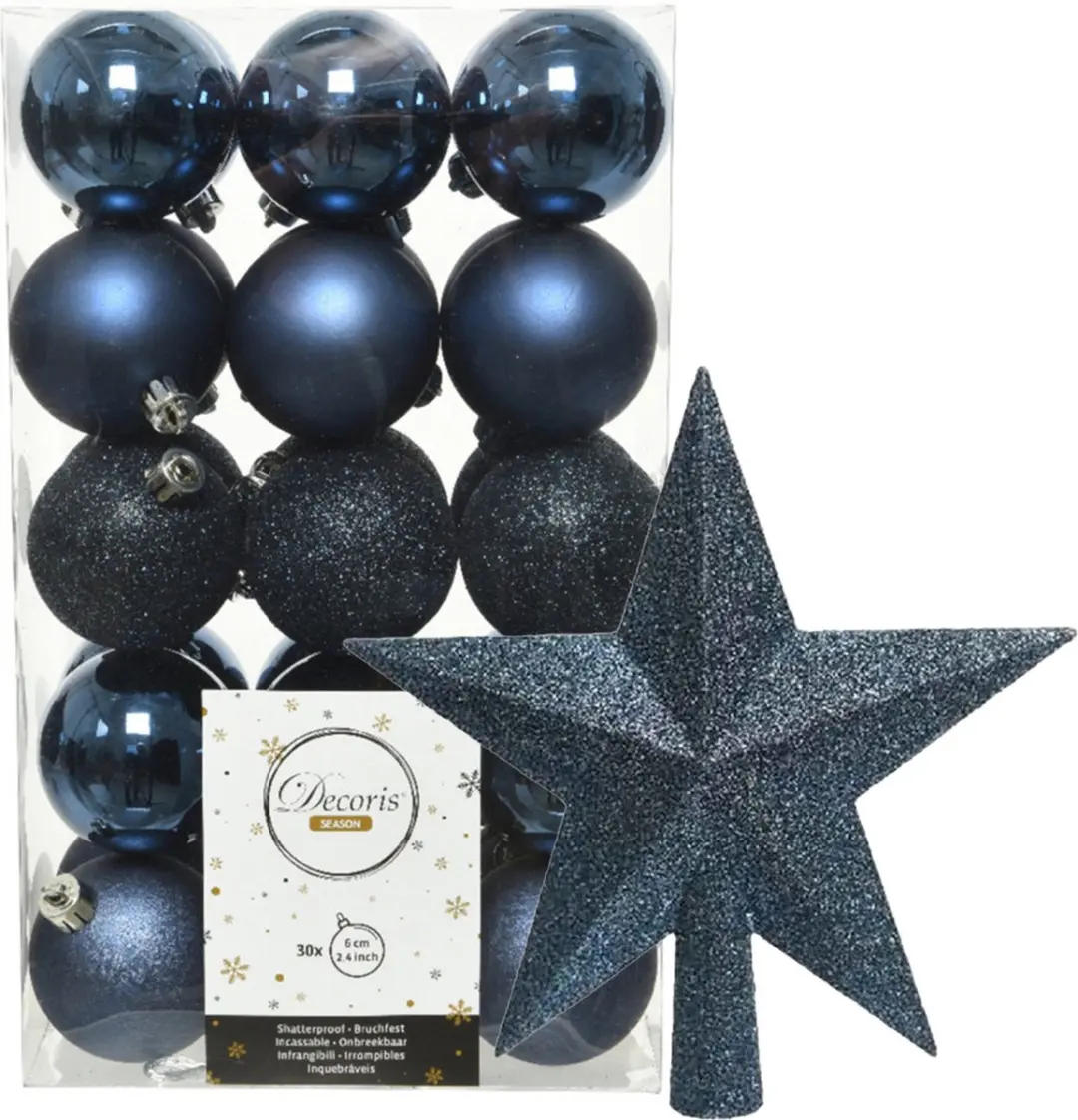 Kerstballen - 30x stuks - incl. ster piek - donkerblauw - kunststof